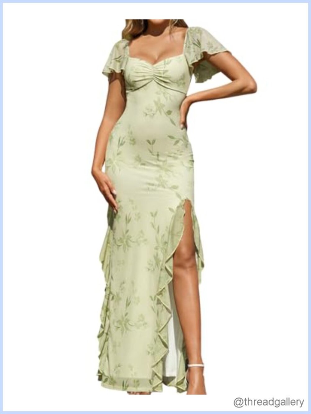 Floral Mesh Maxi Dress Sweetheart Ruffle Sleeve Wedding Guest